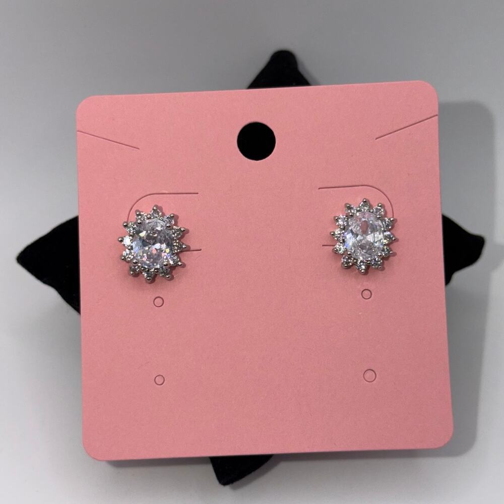 Clear Crystal Halo Oval Stud Earrings Silver Princess Diana Style Bridal